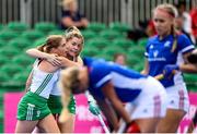 20 August 2022; Katie Mullan of Ireland is congratulated by her Ireland team-mate Sarah Torrans, right, after scoring their side's first goal during the Women's 2022 EuroHockey Championship Qualifier match between Ireland and Czech Republic at Sport Ireland Campus in Dublin. Photo by Stephen McCarthy/Sportsfile