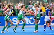 20 August 2022; Katie Mullan of Ireland is congratulated by team-mate Sarah Hawkshaw, right, after scoring their side's first goal during the Women's 2022 EuroHockey Championship Qualifier match between Ireland and Czech Republic at Sport Ireland Campus in Dublin. Photo by Stephen McCarthy/Sportsfile