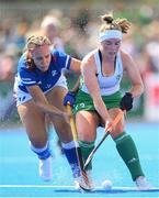 20 August 2022; Naomi Carroll of Ireland in action against Adéla Kozísková of Czech Republic during the Women's 2022 EuroHockey Championship Qualifier match between Ireland and Czech Republic at Sport Ireland Campus in Dublin. Photo by Stephen McCarthy/Sportsfile