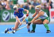 20 August 2022; Katerina Lacina of Czech Republic in action against Hannah McLoughlin of Ireland during the Women's 2022 EuroHockey Championship Qualifier match between Ireland and Czech Republic at Sport Ireland Campus in Dublin. Photo by Stephen McCarthy/Sportsfile
