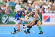 20 August 2022; Katerina Lacina of Czech Republic in action against Hannah McLoughlin of Ireland during the Women's 2022 EuroHockey Championship Qualifier match between Ireland and Czech Republic at Sport Ireland Campus in Dublin. Photo by Stephen McCarthy/Sportsfile