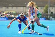 20 August 2022; Niamh Carey of Ireland in action against Tereza Mejzlikova of Czech Republic during the Women's 2022 EuroHockey Championship Qualifier match between Ireland and Czech Republic at Sport Ireland Campus in Dublin. Photo by Stephen McCarthy/Sportsfile