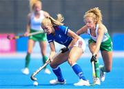 20 August 2022; Anna Vorlova of Czech Republic in action against Niamh Carey of Ireland during the Women's 2022 EuroHockey Championship Qualifier match between Ireland and Czech Republic at Sport Ireland Campus in Dublin. Photo by Stephen McCarthy/Sportsfile