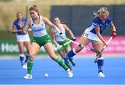 20 August 2022; Sarah Torrans of Ireland in action against Anna Kolarova of Czech Republic during the Women's 2022 EuroHockey Championship Qualifier match between Ireland and Czech Republic at Sport Ireland Campus in Dublin. Photo by Stephen McCarthy/Sportsfile