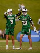 20 August 2022; Sean Horkan, left, celebrates after scoring a goal with Liam Horkan of Ireland during the 2022 World Lacrosse Men's U21 World Championship 7th place match between Ireland and Puerto Rico at the University of Limerick in Limerick. Photo by Tom Beary/Sportsfile