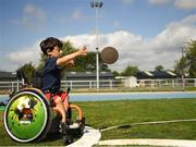 20 August 2022; Adam King from Cork taking part in the discus event during the IWA Sport Para Athletics South East Games at RSC in Waterford. Photo by Eóin Noonan/Sportsfile