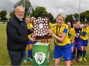 20 August 2022;  Fran Gavin, FAI Data Registrations & Competitions Manager presents the Shield to Ruth Comerford of Terenure Rangers after the FAI Women's Intermediate Shield Final 2022 match between Terenure Rangers and Corrib Celtic FC at Leah Victoria Park in Tullamore, Offaly. Photo by Ray McManus/Sportsfile