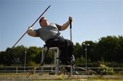 20 August 2022; Shane Curran from Galway competing in the seated javelin event during the IWA Sport Para Athletics South East Games at RSC in Waterford. Photo by Eóin Noonan/Sportsfile