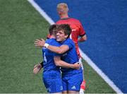 20 August 2022; Sam Berman of Leinster, right, celebrates with teammate Finn Treacy after scoring a try during the U19 Interprovincial Series match between Leinster and Munster at Energia Park in Dublin. Photo by Piaras Ó Mídheach/Sportsfile
