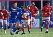 20 August 2022; Hugo McLaughlin of Leinster is tackled by Stephen Kiely of Munster during the U19 Interprovincial Series match between Leinster and Munster at Energia Park in Dublin. Photo by Piaras Ó Mídheach/Sportsfile