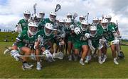 20 August 2022; Ireland players celebrate their 12-11 win over Puerto Rico following the 2022 World Lacrosse Men's U21 World Championship 7th place match between Ireland and Puerto Rico at the University of Limerick in Limerick. Photo by Tom Beary/Sportsfile