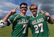 20 August 2022; Micahel Songer, left, and Fionn Kinsella of Ireland celebrate their side's 12-11 win following the 2022 World Lacrosse Men's U21 World Championship 7th place match between Ireland and Puerto Rico at the University of Limerick in Limerick. Photo by Tom Beary/Sportsfile