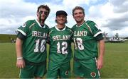 20 August 2022; Aidan Dempsey, Jack Songer, and Conor Foley of Ireland celebrate following the 2022 World Lacrosse Men's U21 World Championship 7th place match between Ireland and Puerto Rico at the University of Limerick in Limerick. Photo by Tom Beary/Sportsfile