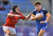 20 August 2022; Jack Angulo of Leinster in action against Oisín Minogue of Munster during the U18 Schools Interprovincial Series match between Leinster and Munster at Energia Park in Dublin. Photo by Piaras Ó Mídheach/Sportsfile