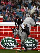 20 August 2022; Jason Foley of Ireland competes on Florida VDL in the Land Rover Puissance during the Longines FEI Dublin Horse Show at the RDS in Dublin. Photo by Sam Barnes/Sportsfile