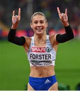 20 August 2022; Viktoria Forster of Slovakia celebrates after Heat 3 of the Women's 100m Hurdles during day 10 of the European Championships 2022 at the Olympiastadion in Munich, Germany. Photo by Ben McShane/Sportsfile