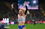 20 August 2022; Viktoria Forster of Slovakia celebrates after Heat 3 of the Women's 100m Hurdles during day 10 of the European Championships 2022 at the Olympiastadion in Munich, Germany. Photo by Ben McShane/Sportsfile
