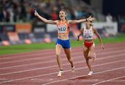 20 August 2022; Femke Bol of Netherlands celebrates after winning the Women's 4x400m Relay Final during day 10 of the European Championships 2022 at the Olympiastadion in Munich, Germany. Photo by Ben McShane/Sportsfile