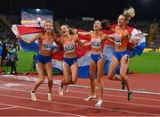 20 August 2022; The Netherlands team, from left, Femke Bol, Laura De Witte, Eveline Saalberg and Lieke Klaver celebrate after winning the Women's 4x400m Relay Final during day 10 of the European Championships 2022 at the Olympiastadion in Munich, Germany. Photo by Ben McShane/Sportsfile