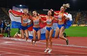 20 August 2022; The Netherlands team celebrate after winning the Women's 4x400m Relay Final during day 10 of the European Championships 2022 at the Olympiastadion in Munich, Germany. Photo by Ben McShane/Sportsfile