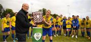 20 August 2022;  Fran Gavin, FAI Data Registrations & Competitions Manager presents the Shield to Ruth Comerford of Terenure Rangers after the FAI Women's Intermediate Shield Final 2022 match between Terenure Rangers and Corrib Celtic FC at Leah Victoria Park in Tullamore, Offaly. Photo by Tyler Miller/Sportsfile