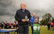 20 August 2022;  Fran Gavin, FAI Data Registrations & Competitions Manager before he presented the Player of the Match award after the FAI Women's Intermediate Shield Final 2022 match between Terenure Rangers and Corrib Celtic FC at Leah Victoria Park in Tullamore, Offaly. Photo by Tyler Miller/Sportsfile