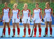 21 August 2022; Poland players stand for the playing of the National Anthem during the Women's 2022 EuroHockey Championship Qualifier match between Poland and Czech Republic at Sport Ireland Campus in Dublin. Photo by Stephen McCarthy/Sportsfile