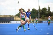 20 August 2022; Michelle Carey of Ireland and Magdalena Smidova of Czech Republic during the Women's 2022 EuroHockey Championship Qualifier match between Ireland and Czech Republic at Sport Ireland Campus in Dublin. Photo by Stephen McCarthy/Sportsfile