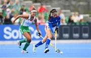 20 August 2022; Nikol Babická of Czech Republic in action against Lena Tice of Ireland during the Women's 2022 EuroHockey Championship Qualifier match between Ireland and Czech Republic at Sport Ireland Campus in Dublin. Photo by Stephen McCarthy/Sportsfile