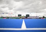 20 August 2022; Players and officials stand for the playing of the national anthems during the Women's 2022 EuroHockey Championship Qualifier match between Ireland and Czech Republic at Sport Ireland Campus in Dublin. Photo by Stephen McCarthy/Sportsfile