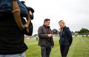 16 August 2022; Nina Carberry is interviewed by Kieran O'Sullivan of Sky Sports during the Hurling for Cancer Research 2022 match at St Conleth's Park in Newbridge, Kildare. Photo by Stephen McCarthy/Sportsfile