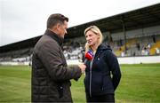 16 August 2022; Nina Carberry is interviewed by Kieran O'Sullivan of Sky Sports during the Hurling for Cancer Research 2022 match at St Conleth's Park in Newbridge, Kildare. Photo by Stephen McCarthy/Sportsfile