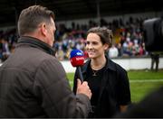 16 August 2022; Jockey Rachael Blackmore is interviewed by Kieran O'Sullivan of Sky Sports during the Hurling for Cancer Research 2022 match at St Conleth's Park in Newbridge, Kildare. Photo by Stephen McCarthy/Sportsfile