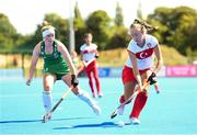 21 August 2022; Sinem Yalcin of Turkey in action against Naomi Carroll of Ireland during the Women's 2022 EuroHockey Championship Qualifier match between Ireland and Turkey at Sport Ireland Campus in Dublin. Photo by Stephen McCarthy/Sportsfile