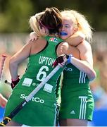 21 August 2022; Niamh Carey, right, is congratulated by Ireland team-mates, including Róisín Upton, after scoring their side's first goal during the Women's 2022 EuroHockey Championship Qualifier match between Ireland and Turkey at Sport Ireland Campus in Dublin. Photo by Stephen McCarthy/Sportsfile