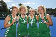 21 August 2022; Ireland players, from left, Sarah McAuley, Michelle Carey, Caoimhe Perdue and Niamh Carey celebrate after the Women's 2022 EuroHockey Championship Qualifier match between Ireland and Turkey at Sport Ireland Campus in Dublin. Photo by Stephen McCarthy/Sportsfile