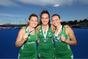 21 August 2022; Ireland players, from left, Sarah Torrans, Hannah McLoughlin and Ellen Curran during the Women's 2022 EuroHockey Championship Qualifier match between Ireland and Turkey at Sport Ireland Campus in Dublin. Photo by Stephen McCarthy/Sportsfile