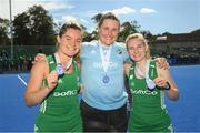 21 August 2022; Ireland players, from left, Sarah Torrans, Elizabeth Murphy and Christina Hamill celebrate after the Women's 2022 EuroHockey Championship Qualifier match between Ireland and Turkey at Sport Ireland Campus in Dublin. Photo by Stephen McCarthy/Sportsfile