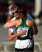 21 August 2022; Jenny Egan-Simmons of Ireland is consoled by her brother Peter Egan after finishing sixth in the Women's Kayak Single 5000m Final during day 11 of the European Championships 2022 at the Olympic Regatta Centre in Munich, Germany. Photo by David Fitzgerald/Sportsfile