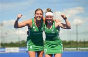 21 August 2022; Ireland players Katie Mullan, left, and Naomi Carroll celebrate after the Women's 2022 EuroHockey Championship Qualifier match between Ireland and Turkey at Sport Ireland Campus in Dublin. Photo by Stephen McCarthy/Sportsfile