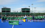21 August 2022; Ireland players and staff sing Ireland's Call after the Women's 2022 EuroHockey Championship Qualifier match between Ireland and Turkey at Sport Ireland Campus in Dublin. Photo by Stephen McCarthy/Sportsfile