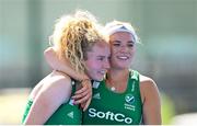 21 August 2022; Michelle Carey, left, and Caoimhe Perdue of Ireland celebrate after the Women's 2022 EuroHockey Championship Qualifier match between Ireland and Turkey at Sport Ireland Campus in Dublin. Photo by Stephen McCarthy/Sportsfile
