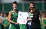 21 August 2022; Róisín Upton of Ireland is presented with the tournament's top scorer award by Gillian Brosnan of Sport Ireland after the Women's 2022 EuroHockey Championship Qualifier match between Ireland and Turkey at Sport Ireland Campus in Dublin. Photo by Stephen McCarthy/Sportsfile