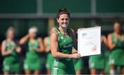 21 August 2022; Róisín Upton of Ireland with the tournament's Best Player Award after the Women's 2022 EuroHockey Championship Qualifier match between Ireland and Turkey at Sport Ireland Campus in Dublin. Photo by Stephen McCarthy/Sportsfile