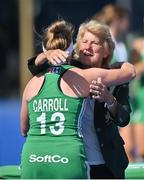 21 August 2022; Hockey Ireland president Ann Rosa with Naomi Carroll of Ireland after the Women's 2022 EuroHockey Championship Qualifier match between Ireland and Turkey at Sport Ireland Campus in Dublin. Photo by Stephen McCarthy/Sportsfile