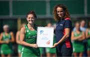 21 August 2022; Róisín Upton of Ireland is presented with the tournament's Best Player Award by Madha Nazaret, technical delegate, after the Women's 2022 EuroHockey Championship Qualifier match between Ireland and Turkey at Sport Ireland Campus in Dublin. Photo by Stephen McCarthy/Sportsfile
