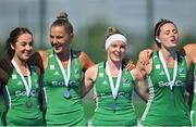 21 August 2022; Ireland players during the playing of Ireland's Call after the Women's 2022 EuroHockey Championship Qualifier match between Ireland and Turkey at Sport Ireland Campus in Dublin. Photo by Stephen McCarthy/Sportsfile