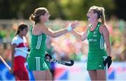 21 August 2022; Sarah Hawkshaw of Ireland is congratulated by Katie Mullan, left, after scoring their side's seventh goal during the Women's 2022 EuroHockey Championship Qualifier match between Ireland and Turkey at Sport Ireland Campus in Dublin. Photo by Stephen McCarthy/Sportsfile