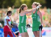 21 August 2022; Sarah Hawkshaw of Ireland is congratulated by Katie Mullan, left, after scoring their side's seventh goal during the Women's 2022 EuroHockey Championship Qualifier match between Ireland and Turkey at Sport Ireland Campus in Dublin. Photo by Stephen McCarthy/Sportsfile