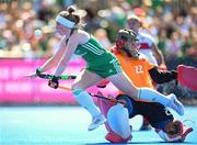 21 August 2022; Naomi Carroll of Ireland in action against Selin Guzeller of Turkey during the Women's 2022 EuroHockey Championship Qualifier match between Ireland and Turkey at Sport Ireland Campus in Dublin. Photo by Stephen McCarthy/Sportsfile